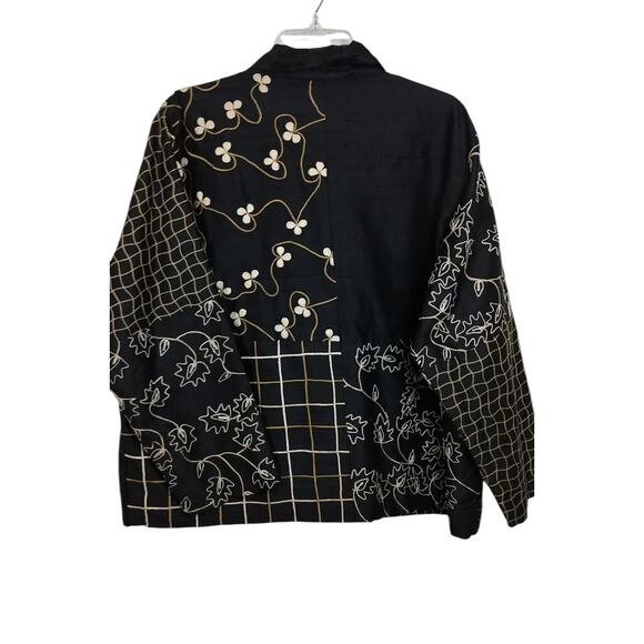 3848)Appleseed Silk Button Down Floral Geometric Black Gold Embroidery Jacket 1X - Picture 2 of 9